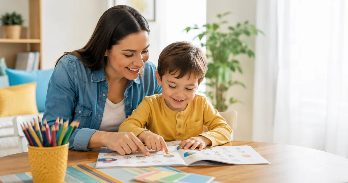 Mãe e filho olhando material de atividades educativas na mesa