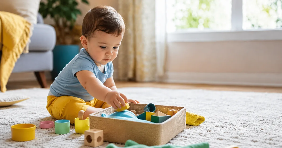 Bebê de 1 ano brincando com caixa sensorial em casa