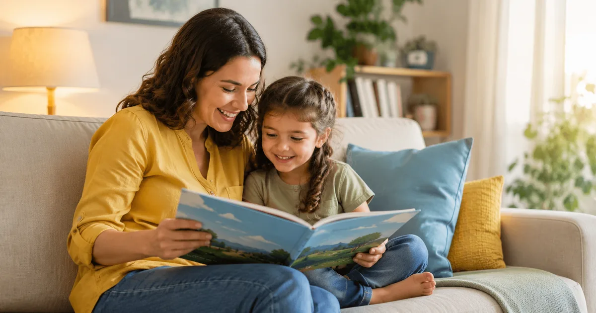 Mãe lendo livro ilustrado com a filha no sofá