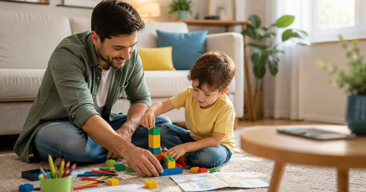 Pai e filho brincando com blocos de montar no tapete da sala, com tablet desligado ao fundo