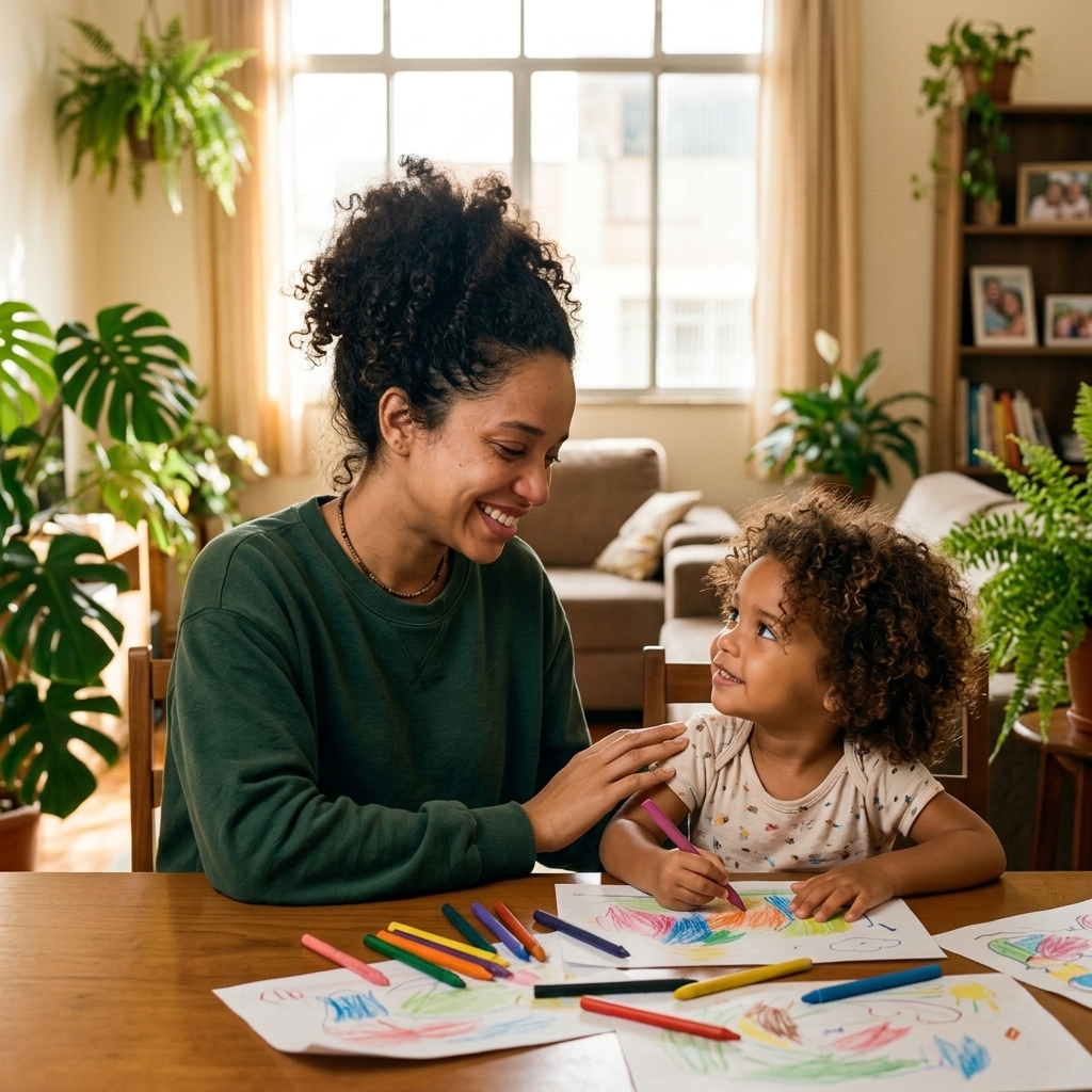 Mãe e filho colorindo juntos na mesa