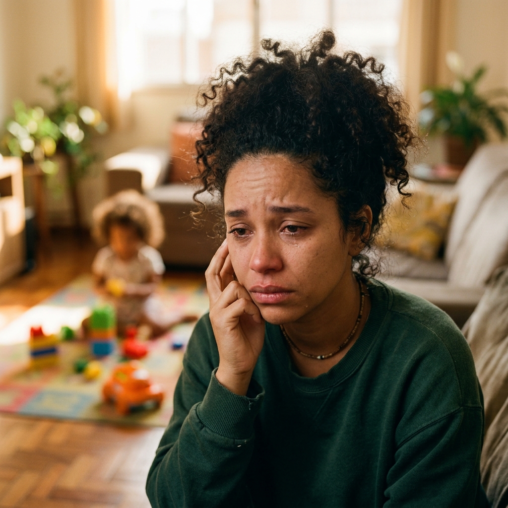 Mãe com expressão de culpa e filho brincando ao fundo